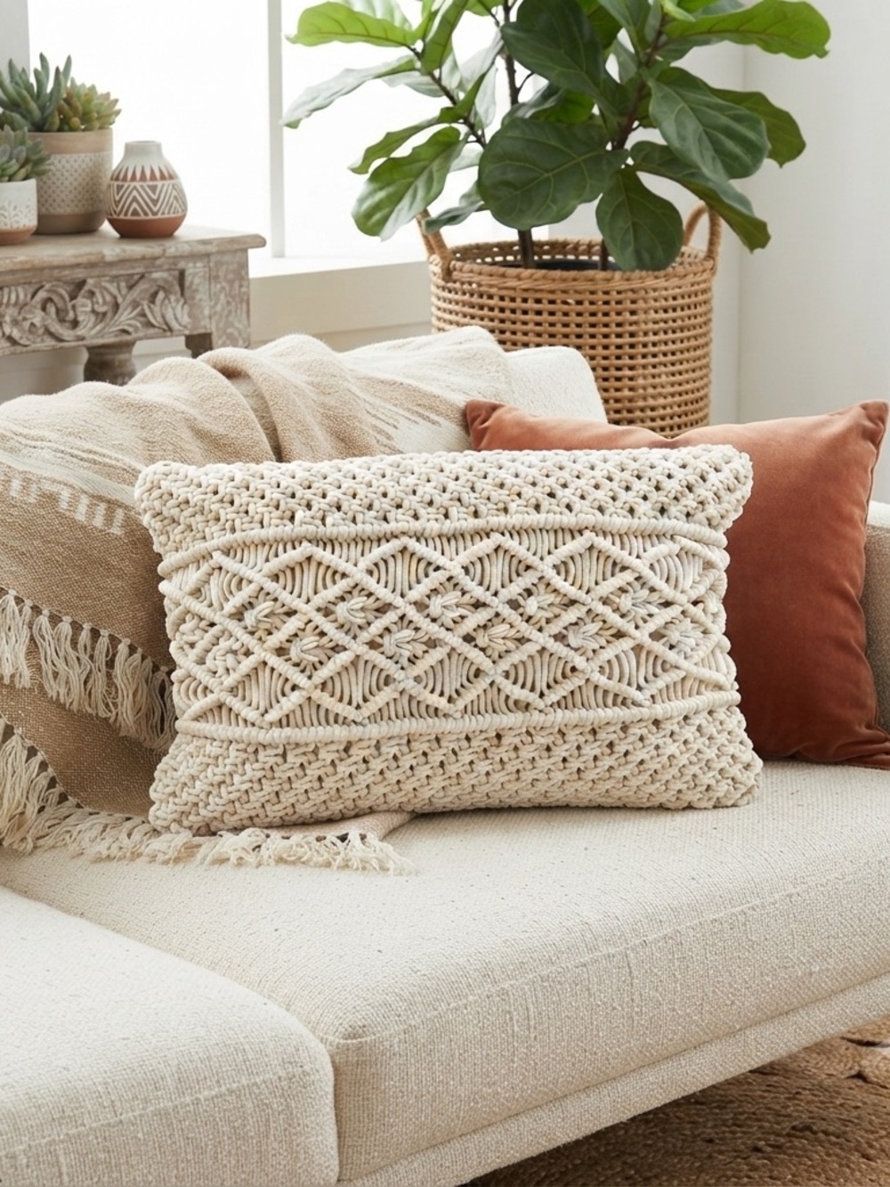 Macrame Lumbar Pillow Cover 20 x 13 - Off White Textured Boho Chic, Retro Artsy